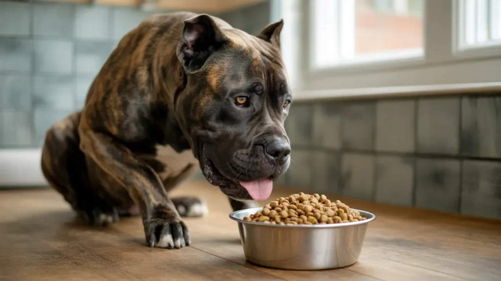Young Cane Corso learning meal-time manners