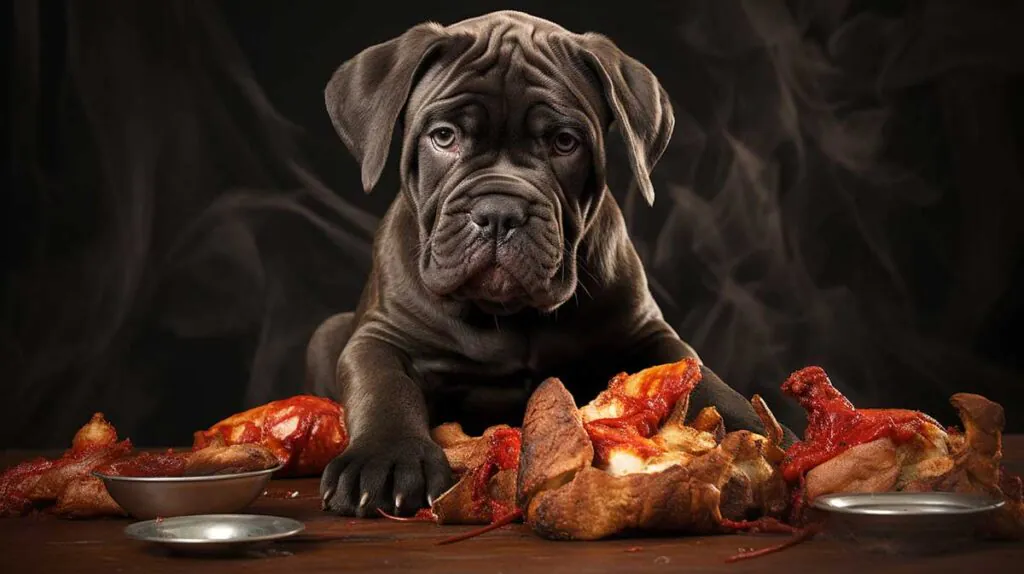 Cane Corso puppy eating from a training bowl